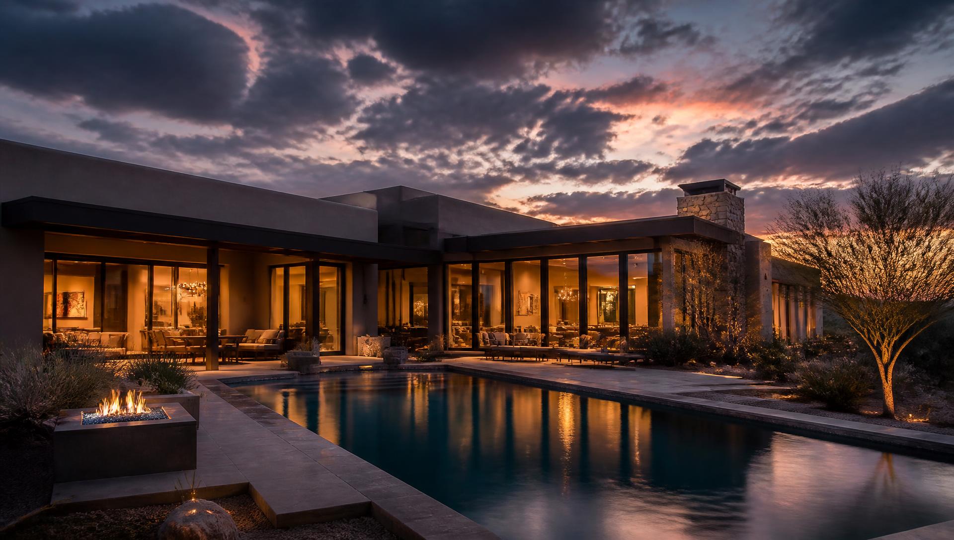 Luxury Albuquerque home with crystal-clear windows at dusk
