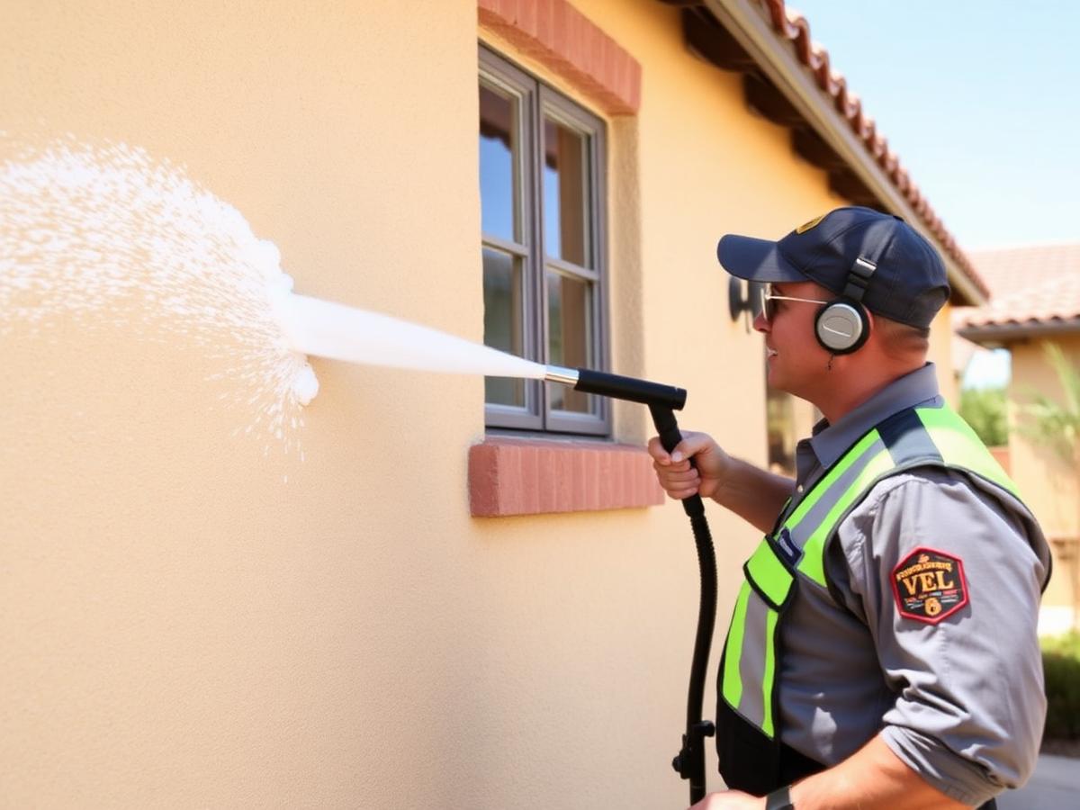 Stucco soft wash — Corrales after cleaning